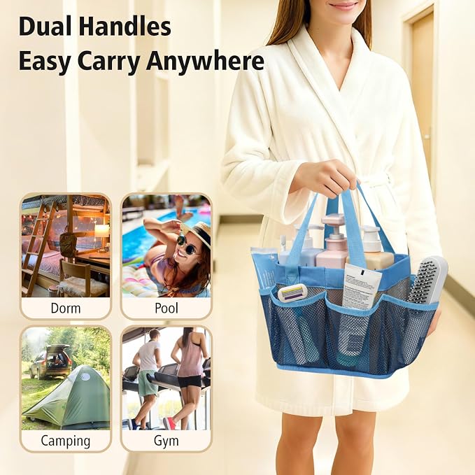 F-color Mesh Shower Caddy Portable - Stand Up 8 Pockets for Dorm, Blue | Stand Up Frame, S Hook, Collapsible Organizer, Mesh Shower Bag Bathroom Tote for College Dorm, Camping, Gym, Travel