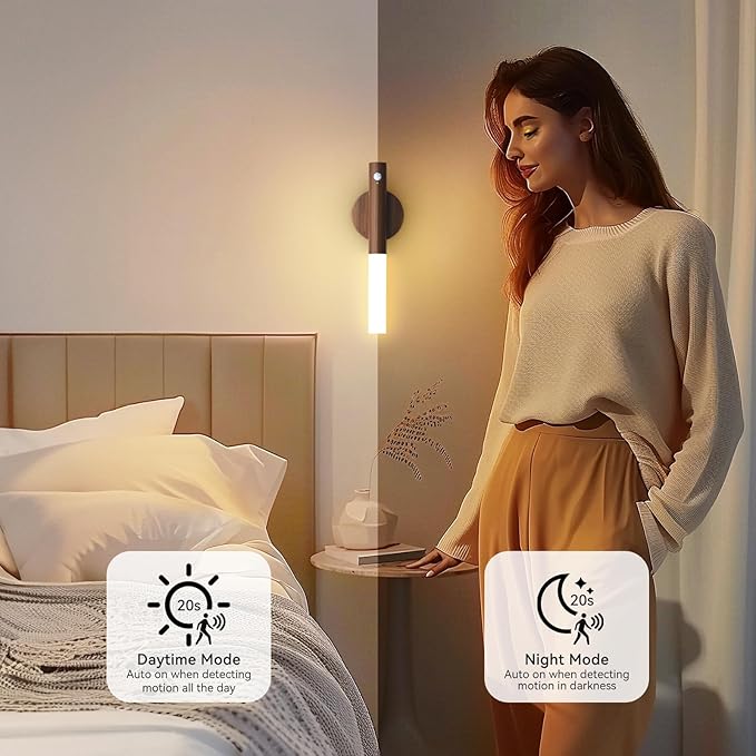 Wooden Motion Sensor Lights Indoor - Magnet Body Hallway Rechargeable LED Wireless Battery Operated Wall Sconce, Portable Decor Torch Night Lighting for Bedroom (Walnut Wood 2PCS) | Battery operated wall lights magnetic night lights wooden wall decor f...