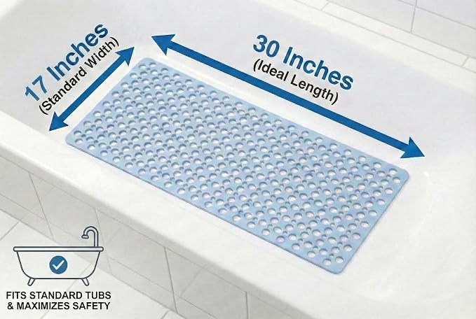 Nonslip Bathtub Mat Extra Soft TPE Bath Mat for Kids, Machine Washable Bathroom Shower Mat, Smooth/Non-Textured Tubs Only, 30L x 17W Inch (Blue)