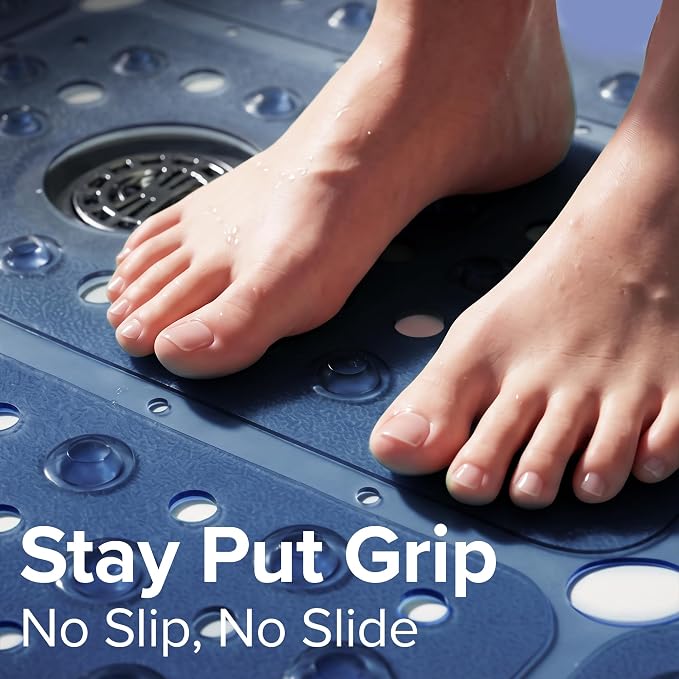 SlipX Solutions 27" Oversize Square Shower Mat, Non-Slip Mat for Elderly & Kids, 100+ Power Grip Suction Cups for Smooth Surfaces, Machine Washable, Navy
