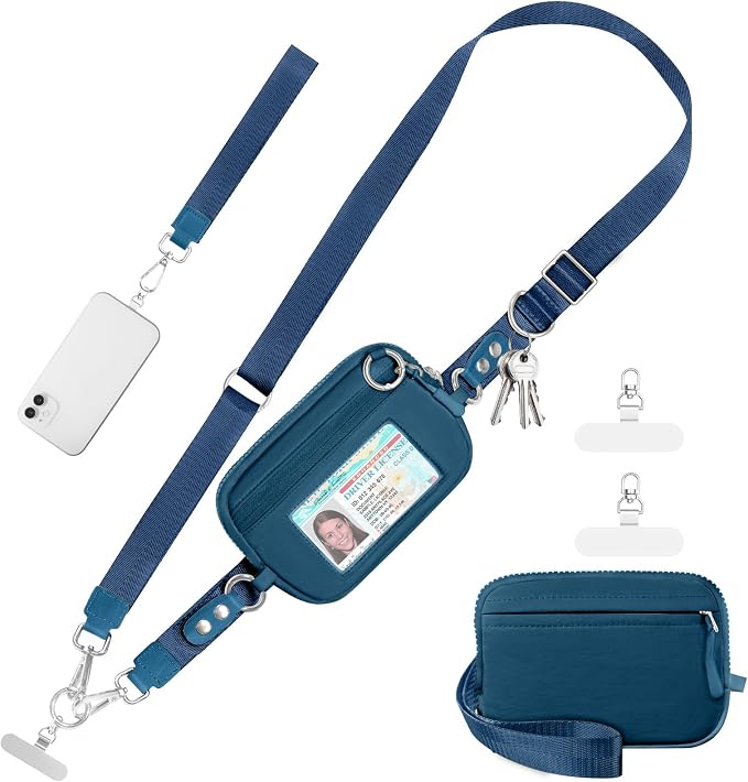 Tiostep Clip and Go Strap for Phone with Wallet Crossbody Phone Lanyard Adjustable and Detachable RFID Wristlet Wallet (Peacock Blue, Medium)