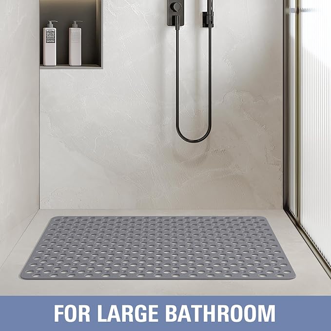 OTHWAY Large Shower Mat, 35"x 24" TPE Shower Mat Non Slip, Heavy Shower Floor Mat with Drain Holes and Suction Cups, No Odor Shower Mats for Inside Shower for Elderly Kids Bathroom(D-Grey)