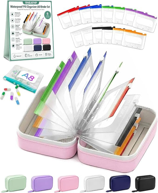 Waterproof Pill Organizer A8 Binder Set Pill Pouches for Travel 14PCS Bags Inside Large Zippered Pouch Bpa-Free Weekly Medicine Air Tight Pocket Color-Coded Reusable Travel Storage System