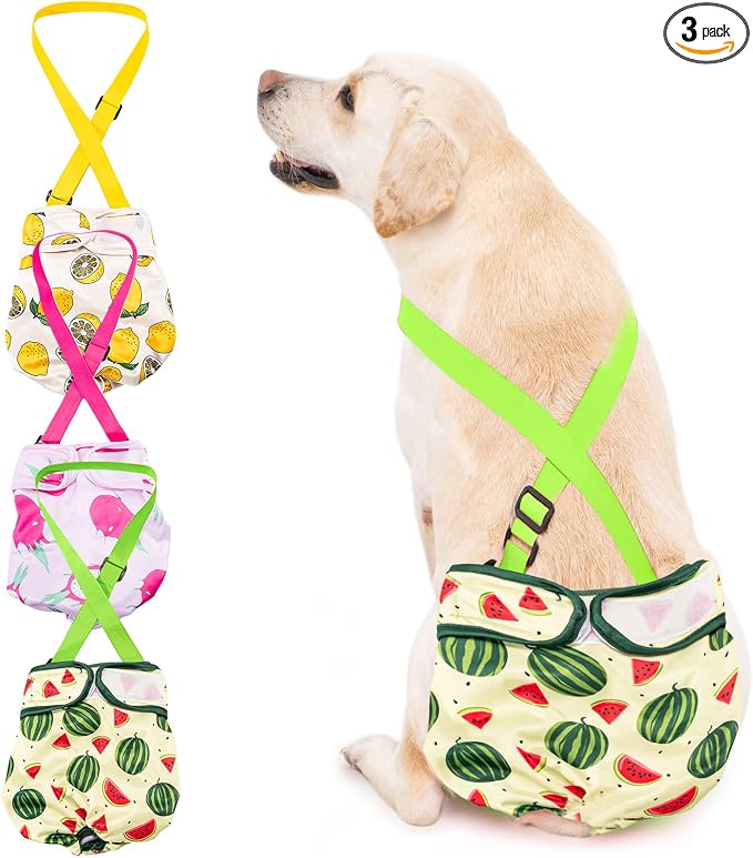 Avont 3 Pack Washable Female Dog Diaper with Suspender - L | Reusable Girl Doggie Diapers for Small Medium Large Dog in Heat Cycle Period Incontinence (Lemon/Dragon Fruit/Watermelon)