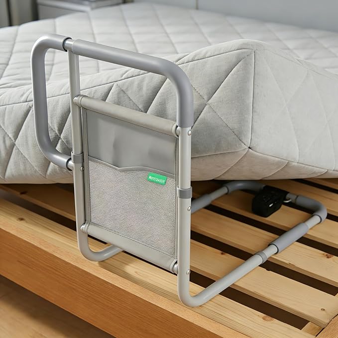 Bed Rails for Elderly Adults, ASTM Approved Bed Assist Rail with Dual Non-Slip Handles for Easily Getting in & Out of Bed, Stable Bed Railings with Storage Pocket, Load 350 LBS, Tool-Free Assembly