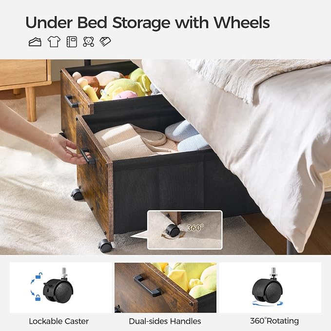 FOUCSSOMEI Under Bed Storage with Wheels, Wooden Under Bed Drawers On Wheels, Rolling Under Bed Shoe Storage, Space Saving, Rustic Brown,70L