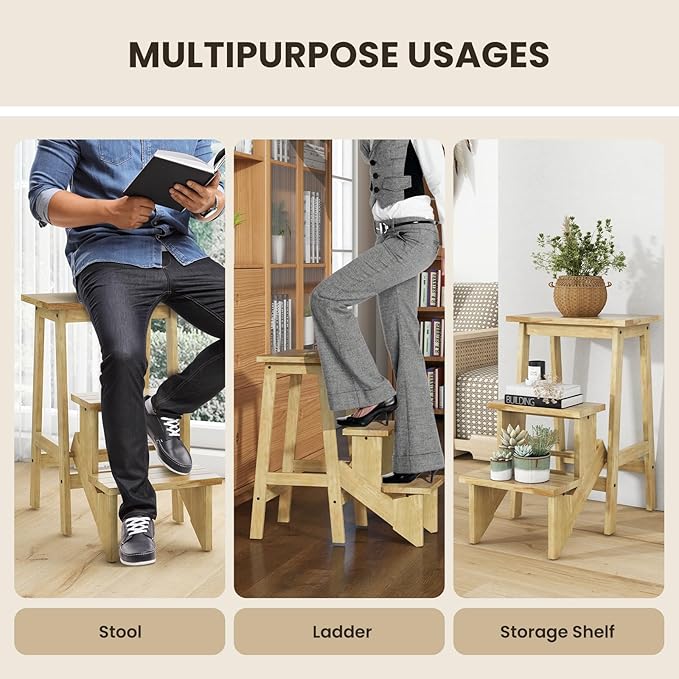 Costzon Folding 3 Step Stool, 3 in 1 Wooden Step Ladder with Handle, Non-Slip Pedal, Multifunctional Storage Shelf, Flower Rack for Kitchen, Library, Garage, Foldable Step Stool for Adults Kids
