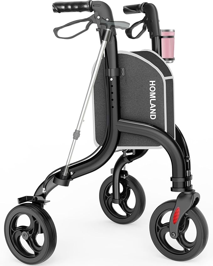 HOMLAND 3 Wheel Walkers for Seniors, Foldable Wheeled Rollator with Cane Hold and Cup Hold, Lightweight Three Wheel Rolling Walker Height Adjustable for Seniors