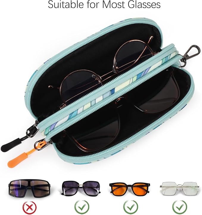 Double Eyeglasses Case Soft Portable Zipper Sunglasses Pouch with Keychain Clip for Men Women