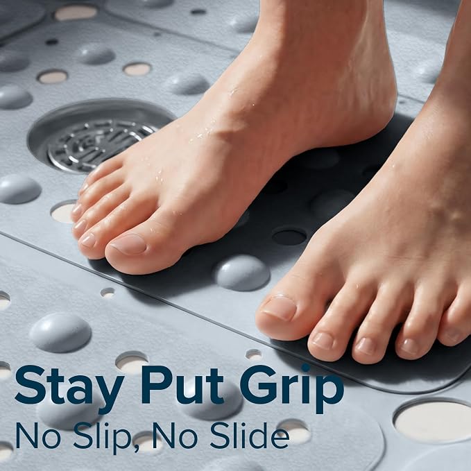 SlipX Solutions 27" Oversize Square Shower Mat, Non-Slip Mat for Elderly & Kids, 100+ Power Grip Suction Cups for Smooth Surfaces, Machine Washable, Solid Gray