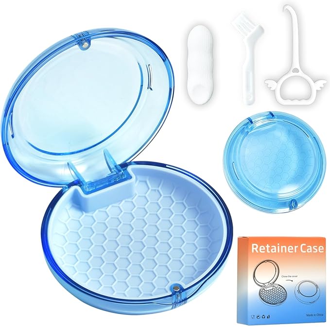 Retainer Case Slim Aligner Case with Vent Holes Cute Dental Brace Box with Retainer Removal Tool and Brush Compatible with Night Guard and Mouth Guard (Clear Blue)