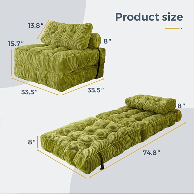 MAXYOYO Folding Sofa Bed, Convertible Sleeper Chair with Pillow Foldable Matress, Portable Fold Out Chair Bed Comfy Floor Sofa Lounge for Living Room Bedroom