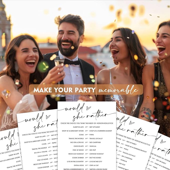 Wedding Shower Games Cards, Would She Rather Bridal Shower Game for 25 Guests, Engagement Party Wedding Games for Guests, Minimalist White Wedding Party Supplies - A11