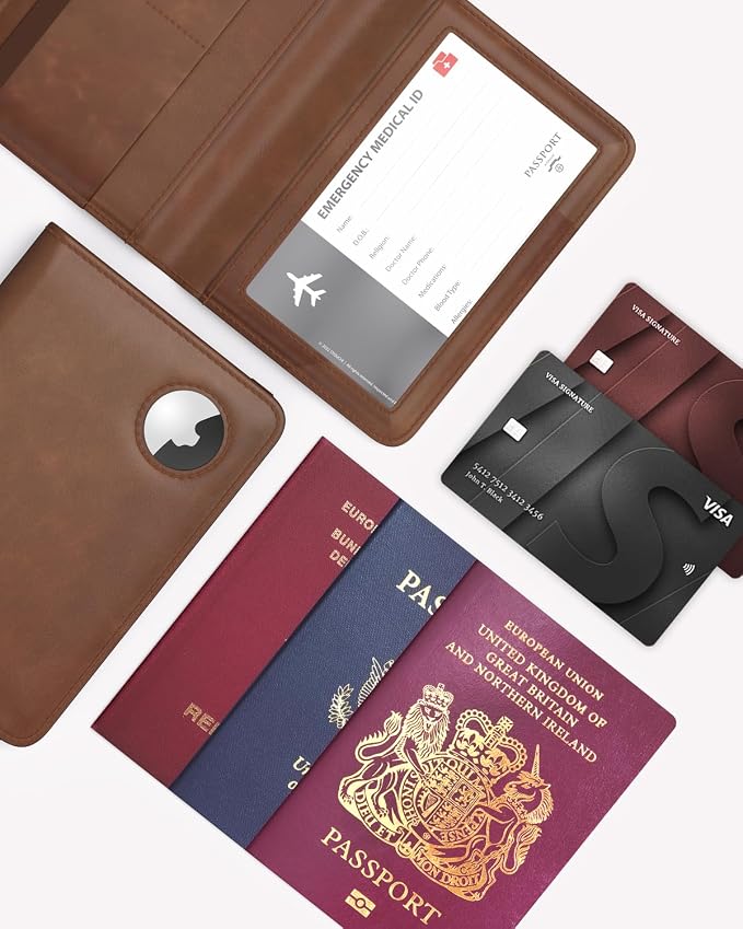 Stouchi AirTag Passport Holder – Slim RFID Travel Wallet | Ultra-slim, Waterproof PU Leather, 5 Card Slots, RFID Blocking, AirTag Slot – Perfect for US Passports