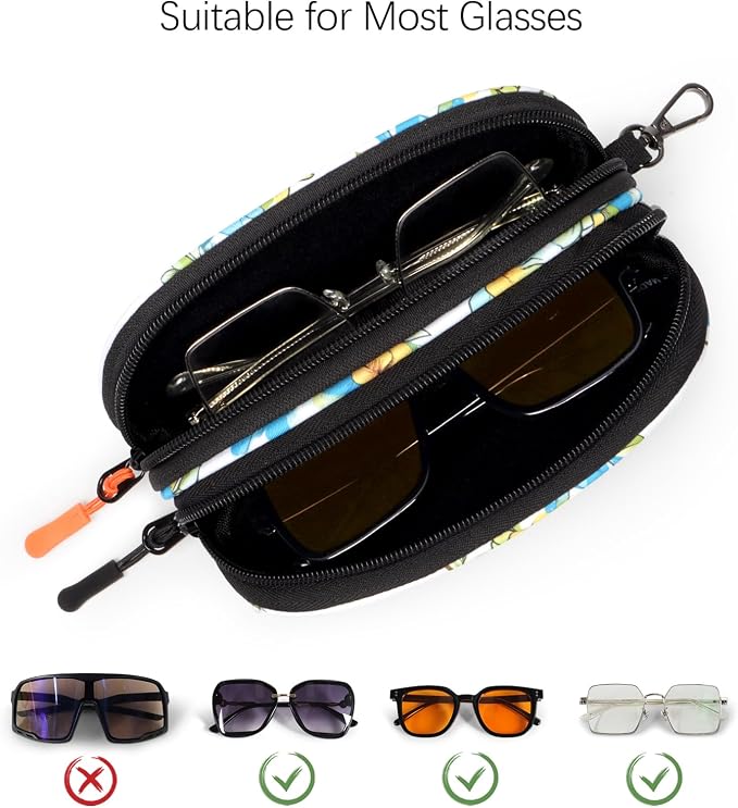 Double Eyeglasses Case Soft Portable Zipper Sunglasses Pouch with Keychain Clip for Men Women