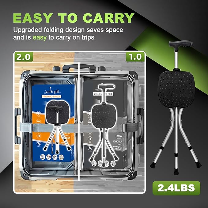 BigAlex Alloy Folding Cane with Seat, Lightweight Adjustable Walking Cane with Seat, Cane Seat with LED for Seniors, Cane Chair for Woman/Man,Anti-Slip Walking Stick for Seniors