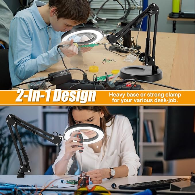 12X Magnifying Glass with Light and Stand (No Acrylic Lens), 2-in-1 Lighted Magnifier with Clamp, 5 Color Modes Dimmable LED Desk Lamp Hands Free for Painting Craft Sewing Hobby Close Work