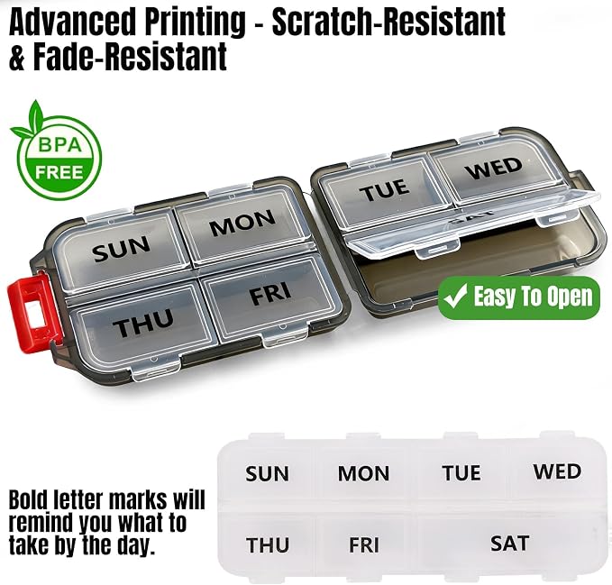 7 Day Compact Pill Organizer, Foldable Portable Travel Pill Box with Double Protection, Daily Small Pill Case Dispenser for Medication, Vitamins, Supplements (Clear Black)