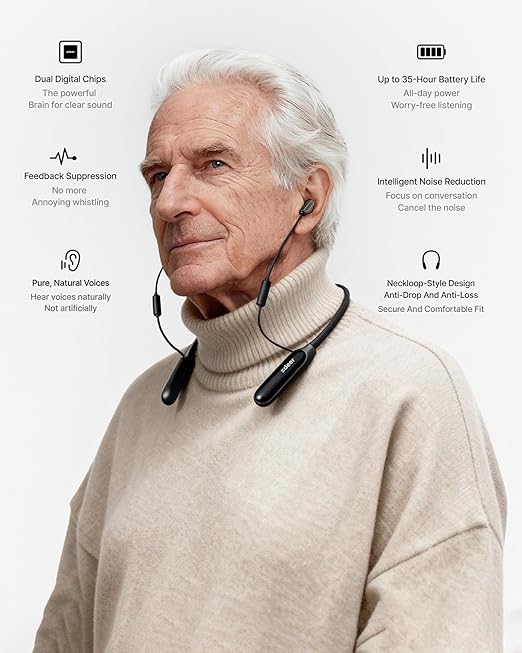 ZDEER Hearing Aids for Seniors with Bluetooth, Rechargeable Hearing Amplifier with Noise Cancelling, OTC Hearing Aids for Severe Hearing Loss with 64 Channel Dual Chips, 7 Level Adjustable Volume and Metal Neckband