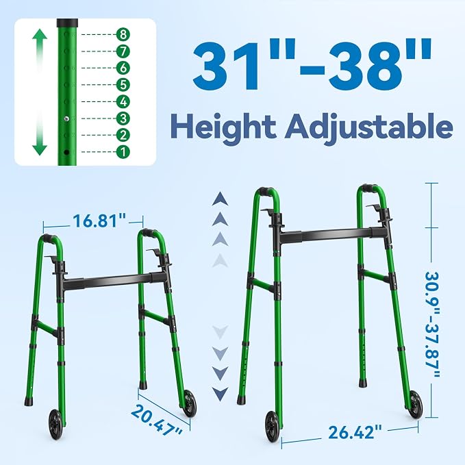 Loyoda Folding Walker with 2 Skis and 5" Wheels, Lightweight Walkers for Seniors and Adults, Supports Up to 350 Pounds, Adjustable Height, Compact Standard Walker, Green