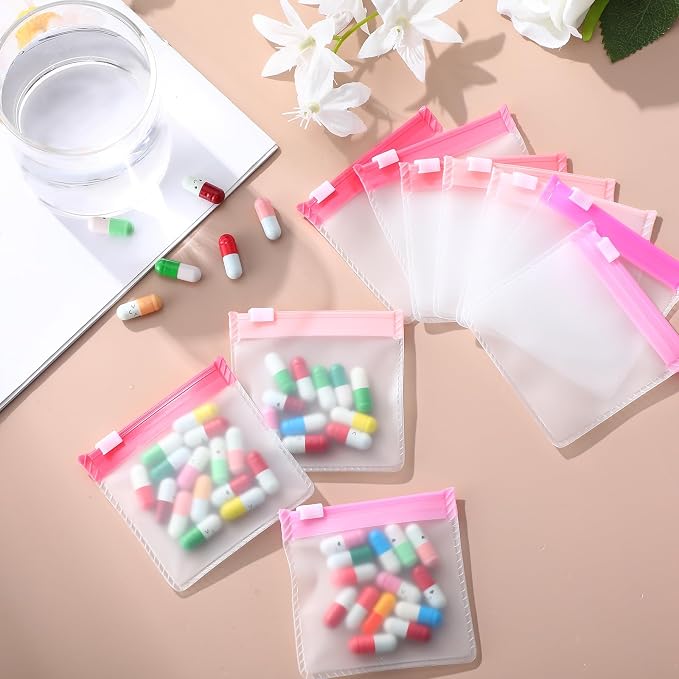 Sherr 35 Pcs Pill Pouch Bags with Zipper Pill Pouch Set Travel Reusable Translucent Medicine Organizer Self Sealing Plastic Bag with Slide Lock for Storage(Gradient Pink,3 x 3 Inch,Blank Style)