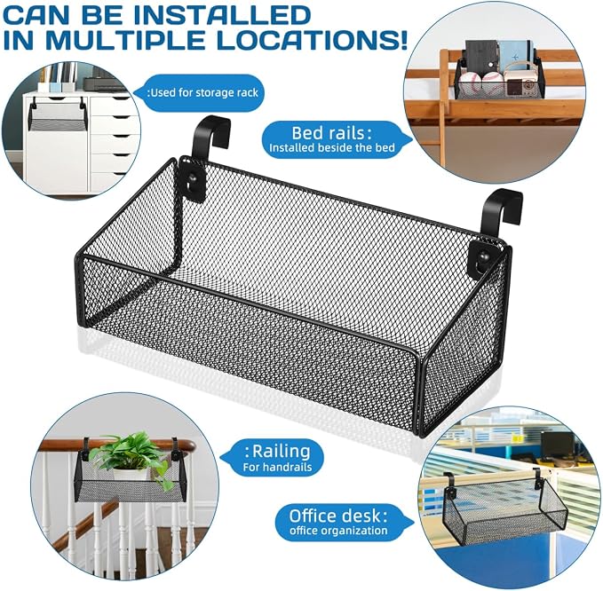 Luxshiny Bedside Hanging Storage Basket, Beside Shelf Metal Organizer Rack | No Drilling Required, Attaches to Bed Frame or Desk, Stores Phone and Books, 1 Basket with 10 Hooks