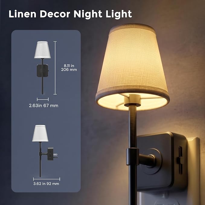L LOHAS LED Night Light, Premium Fabric Linen Shade Plug in Night Light | 2 Pack Night Lights Plug Into Wall with 0-100 LM Dimmable, 3000K Warm LED Wall Night Light Bedroom, Living Room, Decor