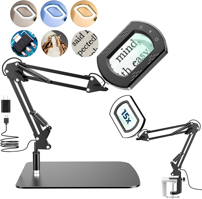 Magnifying Glass with Light and Stand, 15X Hands Free Lighted Magnifying Lamp with 5 Color Modes and Swing Arm, Dimmable LED Desk Magnifier for Crafts, Sewing, Reading, Jewelry, Soldering, Seniors