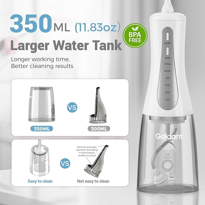 350ML Water Dental Flosser Teeth Pick with Travel Bag, 5 Modes Portable Cordless Oral Irrigator Cleaner, Electric Rechargeable IPX7 Waterproof for Home Travel Teeth Cleaning flossing (White)