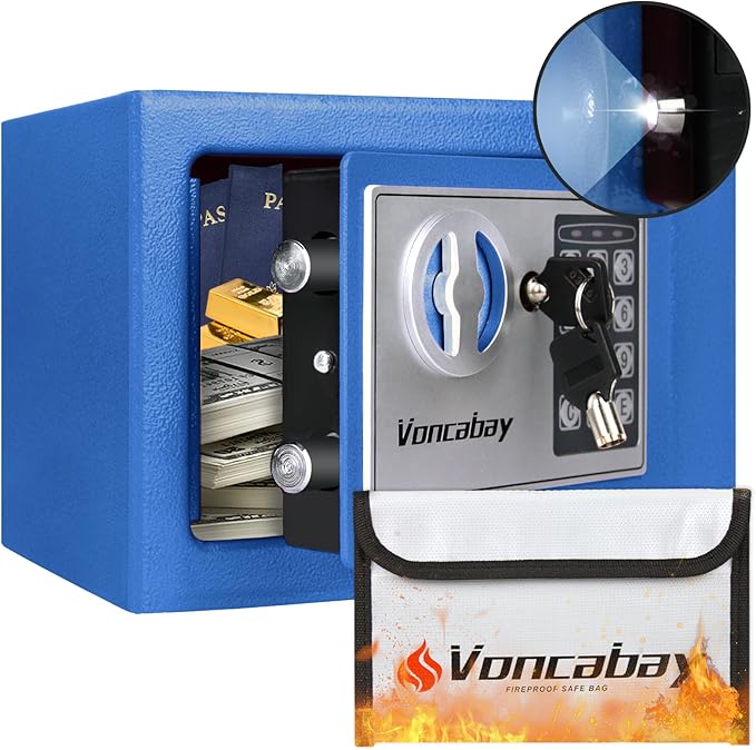 Voncabay Money Safe Box for Home with Sensor Light & Fireproof Security Safe Box for Money Safe with Keys & Pass Code, Lock Box Fireproof Safe with Digital Keypad Blue