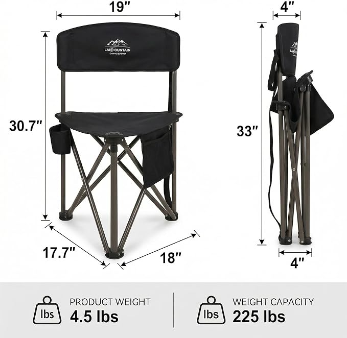 2 Pack Folding Camping Tripod Stool with Backrest & Cup Holder, Lightweight Portable Outdoor Chairs for Adults, Compact 3-Leg Seat for Fishing, Hunting, Hiking & Travel w/Bag - Black