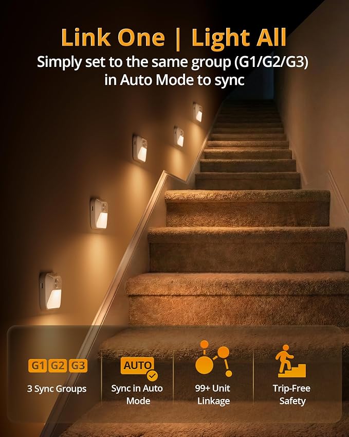 Smart Sync Linkable Night Lights with 3-in-1 Charging Dock, Rechargeable Motion Sensor Nightlight, Dimmable Step Lights for Stairs, Hallway, Bathroom, Bedroom, Nursery, Pets, 6 Pack