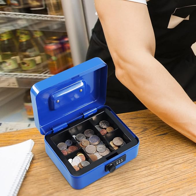 xydled Steel Cash Box Safe with Combination Lock,Money Safe Box with Removable Coin Tray,Medium,7.87"x 6.30"x 3.54",Blue