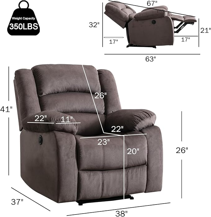 Power Recliner Chair for Adults Set of 2, Oversized Electric Recliner with Soft Cushion and Back, Upholstered Soft Fabric Reclining Chair for Living Room, Bedroom, Brown