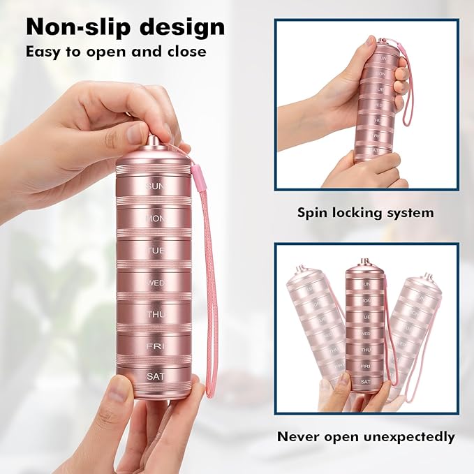 XHT Pink Weekly Metal Pill Organizer 7 Day 2 Times a Day – Aesthetic Waterproof AM PM Travel Pill Box, Heavy Duty Pill Holder and Medicine Pill Organizer for Vitamins, Fish Oil & Supplements