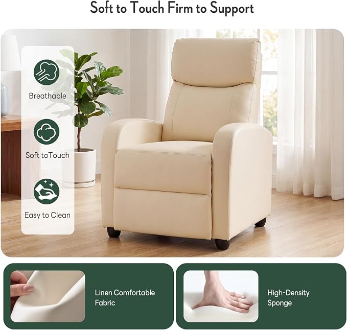 Recliner Chair, Recliner Sofa Fabric for Adults, Recliners Home Theater Seating with Lumbar Support, Reclining Sofa Chair for Living Room, Beige