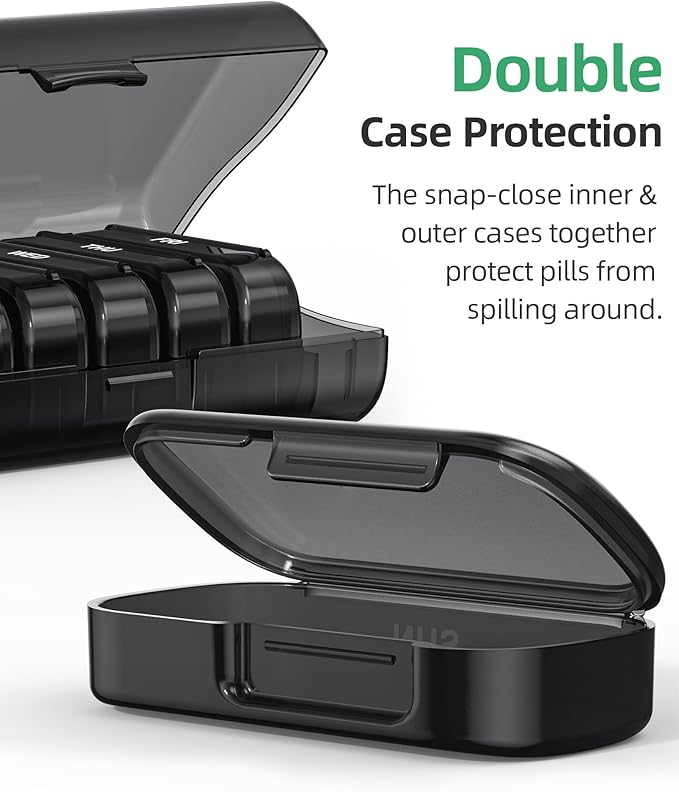 PULIV Weekly Pill Organizer with Large Capacity, Dual Protection Pill Box 7 Day, Arthritis Friendly Pill Case Easy to Open, Medicine Organizer for Vitamins, Medications, Fish Oils, Supplements (Black)