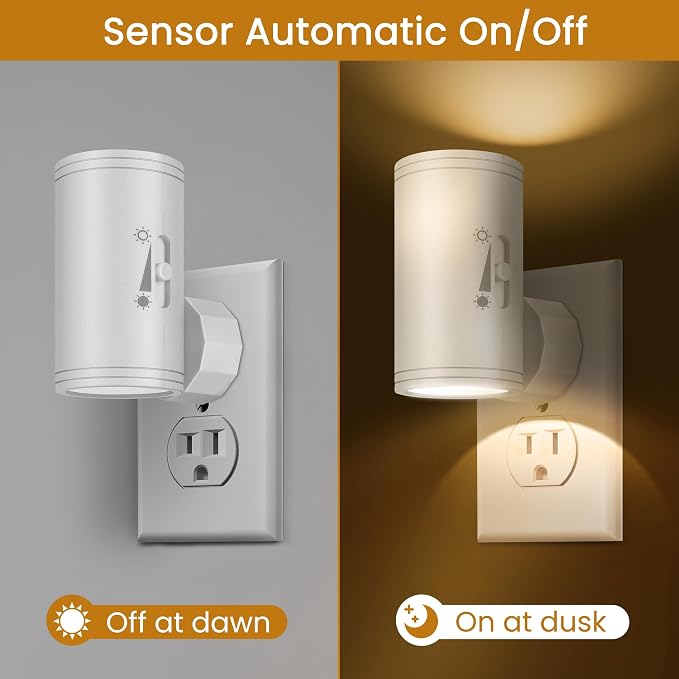 4 Pack LED Plug-in Wall Night Light with Dimmable 0-300 Lumens, 3000K Soft White, Auto On/Off Light Sensor & Adjustable Head for Hallway, Stairs, Bedroom