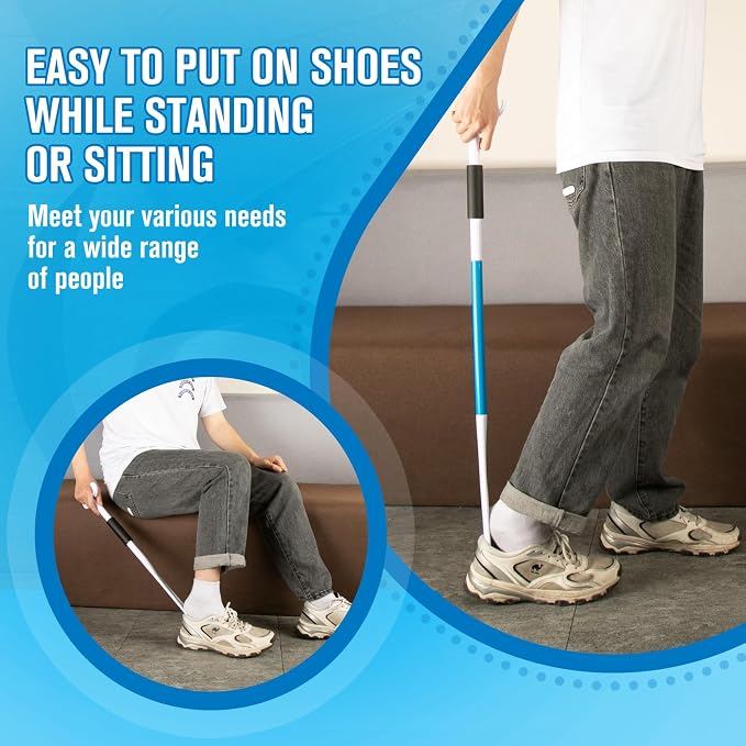 35" Long Shoe Horn for Seniors, 2-in-1 Dressing Stick with S-Hook for Elderly, Pregnant Women, Hip/Knee Surgery, Helps Put on Clothes & Shoes Without Straining (Blue)