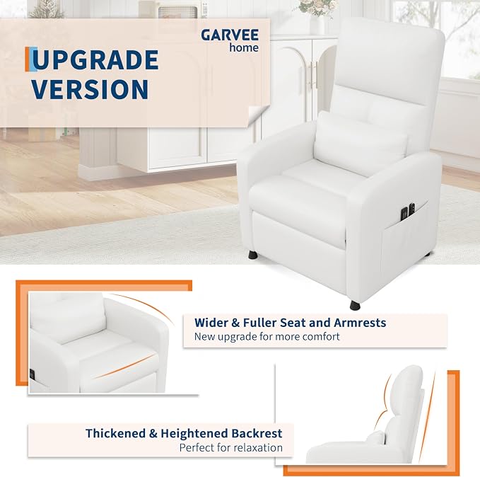 GarveeHome Power Recliner Chair with Massage and Heat, Adjustable Electric Recliner Ergonomic Overstuffed PU Leather Single Sofa, 2 Side Pockets and USB Port, Home Theater Seating for Living Room