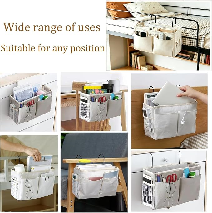 Bedside Caddy Organizer/Bedside Hanging Storage Bag Multi-Function Caddy for Bunk bed Hospital Beds Dorm Bed Rails, Holders Books Glasses Phones Magazine(White)