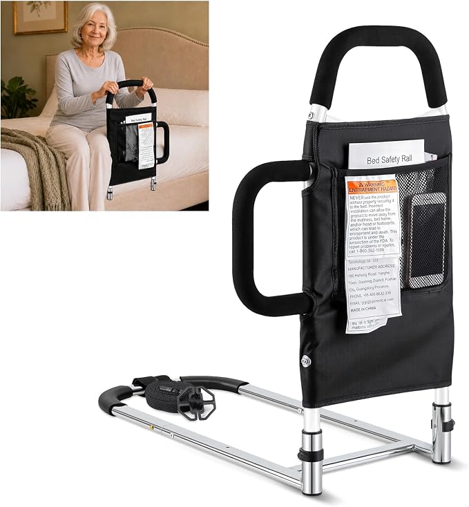 Bed Rails for Elderly Adults - Bed Assist Rail with 2 Non-Slip Grab Bars & Storage Pocket, Easy In & Out Bed, Anti-Fall Bed Railings for Seniors, 300 LBS Load Capacity