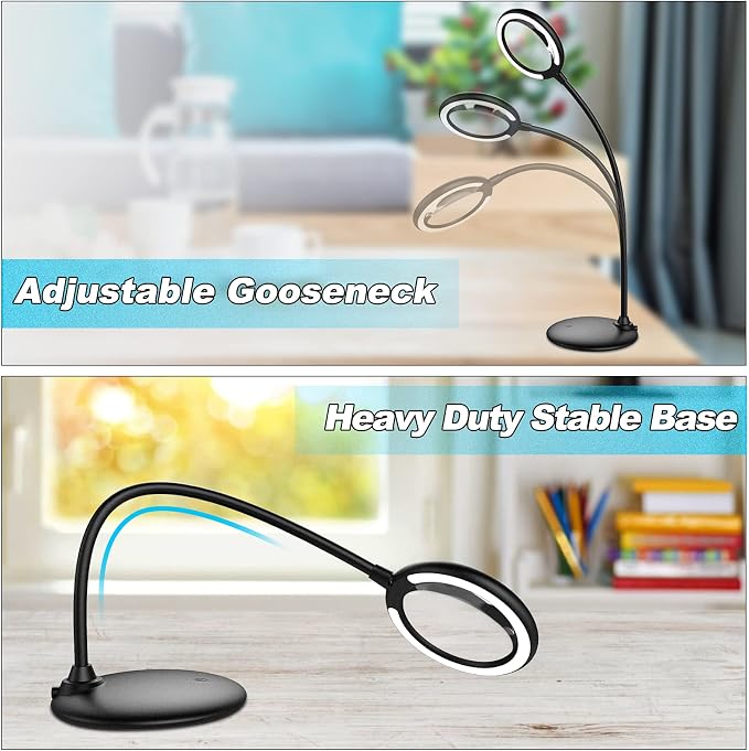 5X Rechargeable Magnifying Glass with Light and Stand, Raweao Dimmable Lighted Magnifying Lamp Glass for Reading, Close Work, Hobbies, Crafts