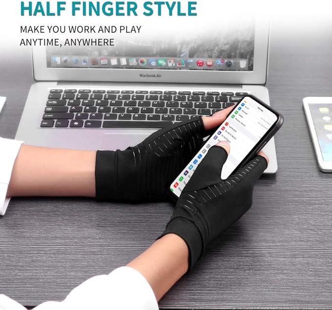 2 Pairs Copper Arthritis Gloves for Women Men, Fingerless Breathable & Moisture Wicking Arthritis Compression Gloves for Computer Typing and Dailywork of Hands joint Support (Large)
