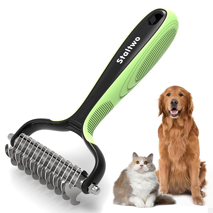 STALTWO Pet Grooming Supplies - 2-in-1 Professional Undercoat Rake and Pet Brush | Shedding Control for Long Haired Dogs and Cats, Deshedding Tool, Pet Grooming for Dogs and Cats, Green
