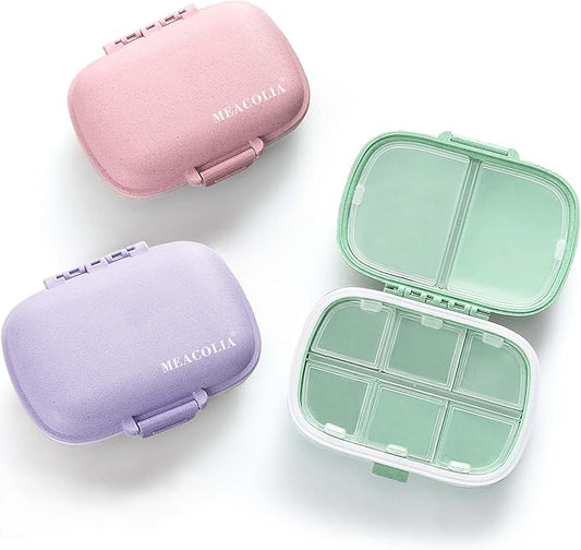 MEACOLIA 3 Pack Travel Pill Organizer - 8 Compartments Portable Pill Case for Purse, Moisture-Proof Daily Medicine Vitamin Container, Pill Box Holder for Travel Essentials (Purple, Green, Pink)