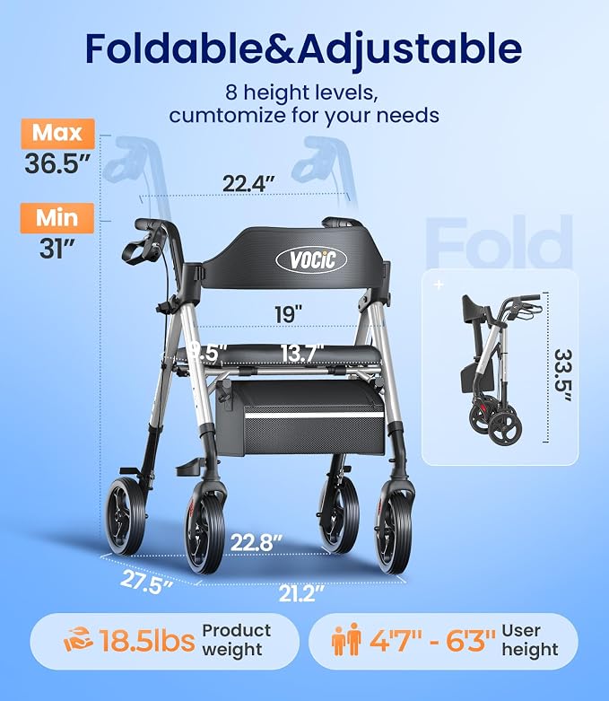 VOCIC Z21 Rollator Walker for Seniors with Seat, 8" All Terrain, 350 LBS | Lightweight Foldable & Dual Height Adjustable for Seniors, Ergonomic Arc Seat&6" Ultra Backrest Provide Comfort, Silver