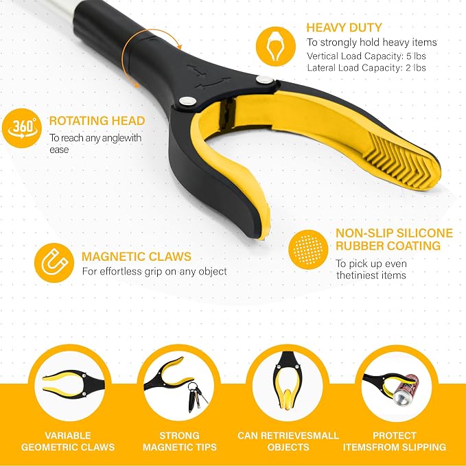 Grabber Reacher Tool -2 Pack 32” Reacher Grabber Tool with Strong Magnetic and Swivel Head - Pick Up Stick Grabbers for Seniors, Trash, Surgery Recovery Must Haves Gifts(Yellow)