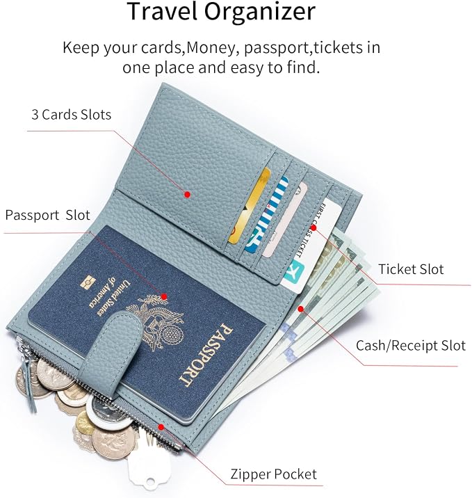 Passport wallet and Card Slot Combo RFID Blocking Leather Travel Passport Wallet for Men and Women with Zippered Coins Pocket Passport holder,LightBlue