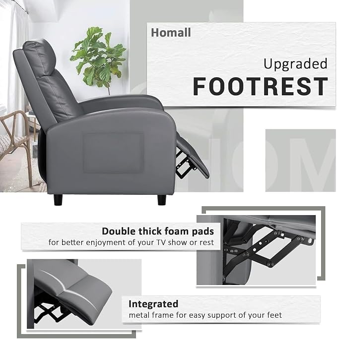 Homall Recliner Chair, Recliner Sofa PU Leather for Adults, Grey Recliners | Home Theater Seating with Lumbar Support, Reclining Sofa Chair for Living Room
